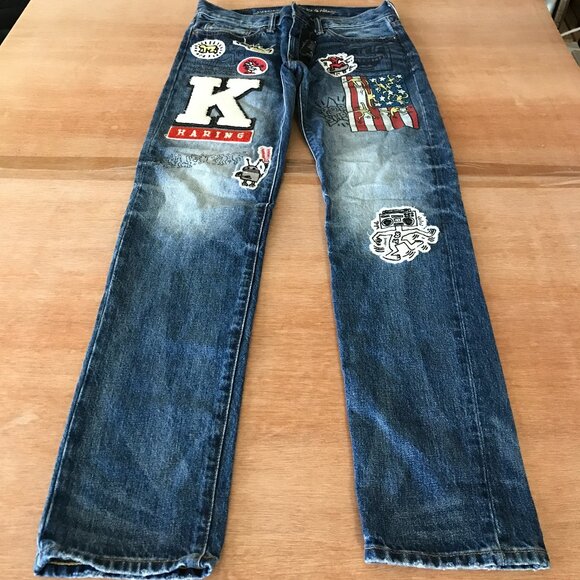 American Eagle Keith Haring Slim Jeans Men 32x30 Blue Patch American Flag NWT - Picture 1 of 12